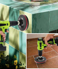Drill Powered Tile Scrubber Kit With 4 Inch Disc Pad Holder and Six Scrub Pads in use on tiles and floor surfaces.
