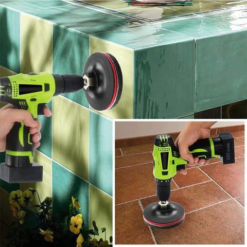 Drill Powered Tile Scrubber Kit With 4 Inch Disc Pad Holder and Six Scrub Pads in use on tiles and floor surfaces.