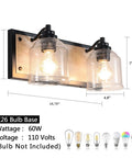 Two-Light Farmhouse Vanity Lights For Bathroom, 15.8 Inch Gray Textured Metal Backplate, Bubble Glass Shades Over Mirror