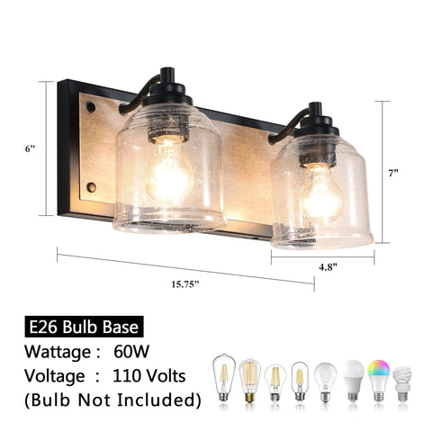 Two-Light Farmhouse Vanity Lights For Bathroom, 15.8 Inch Gray Textured Metal Backplate, Bubble Glass Shades Over Mirror