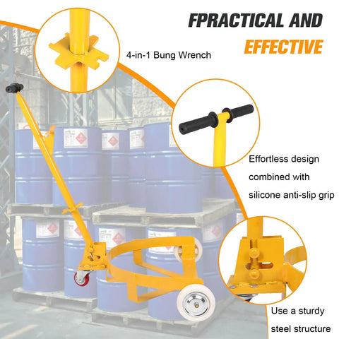 55 Gallon Drum Dolly With Swivel Wheels For Heavy Duty Drum Transport Haul Up To 1200 Lbs Like A Boss Durable Steel Construction Adjustable Ergonomic Handle From 28.94 To 38.4 Inches 360 Degree Steering For Smooth Moves, yellow steel drum dolly with bung wrench and anti-slip grip