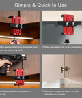 Four-step process of using an Effortless Cabinet Door Installation Positioner Jig With Locator Handle For Precise Door Alignment And Hinge Mounting.