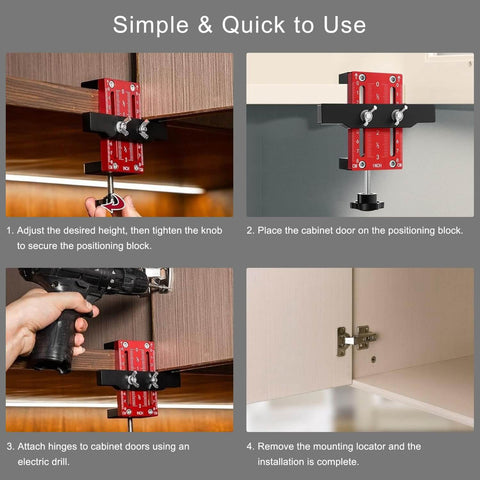 Four-step process of using an Effortless Cabinet Door Installation Positioner Jig With Locator Handle For Precise Door Alignment And Hinge Mounting.