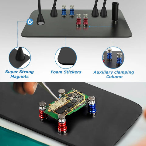 All In One Soldering Station Kit With 10X LED Magnifier Lamp showing strong magnets and PCB holder use