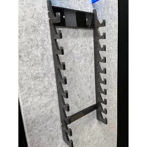Wall Mounted Drum Stick Holder And Display Rack Heavy Duty Acrylic Organizer For Ten Pairs Of Drumsticks and Lightsabers on textured background.