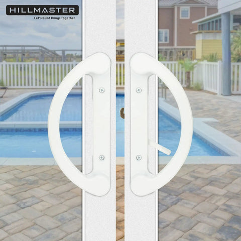 Rock Solid Sliding Glass Door Handle Replacement Set Featuring Reversible Mortise Design And Smooth Nonkeyed Operation In Crisp White Diecast Finish that fits patio doors.