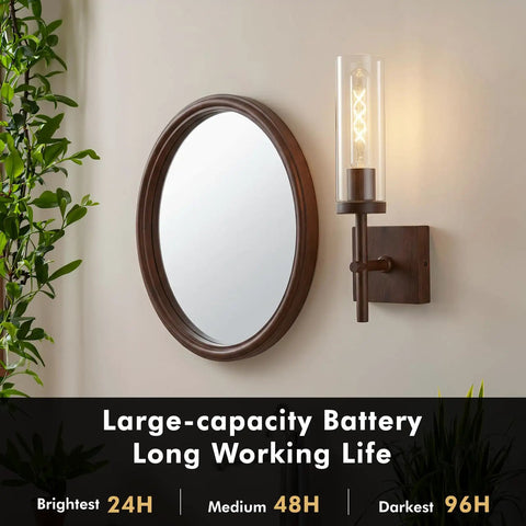 Kwinmyso Wireless 3CCT Wall Sconce Battery Operated Dimmable Wall Light beside a round mirror and green plants.