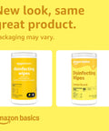 Amazon Basics lemon scent disinfecting wipes packaging comparison with focus keyword: 'Lemon Scent Disinfecting Wipes For All Purpose Cleaning Thick Wipes That Tackle Tough Messes Sanitizes Cleans Disinfects Deodorizes On Nonporous Surfaces 85 Count'
