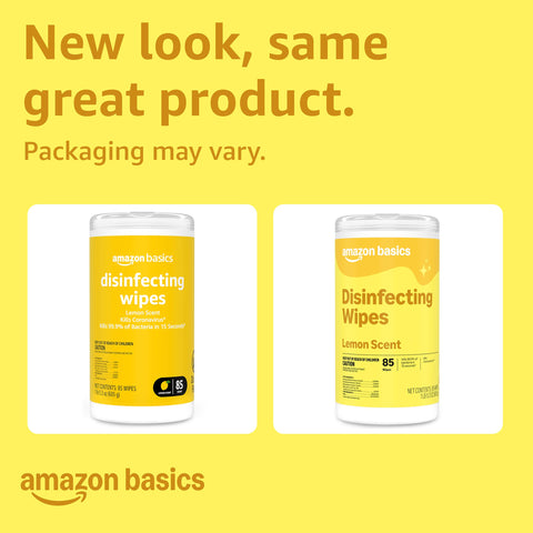 Amazon Basics lemon scent disinfecting wipes packaging comparison with focus keyword: 'Lemon Scent Disinfecting Wipes For All Purpose Cleaning Thick Wipes That Tackle Tough Messes Sanitizes Cleans Disinfects Deodorizes On Nonporous Surfaces 85 Count'