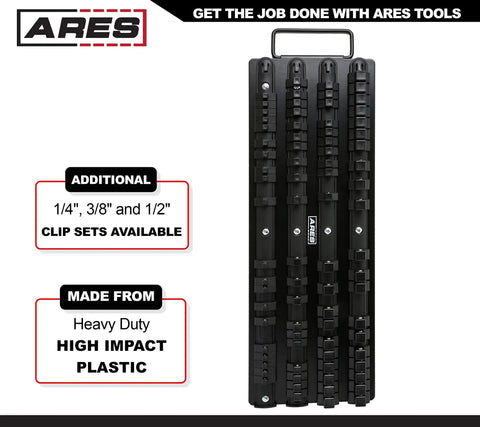 80 Piece Socket Organizer Rail Set For 1/4, 3/8, And 1/2 Inch Drives in black high-impact plastic with grip handle