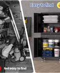 Beefy Heavy Duty Metal Garage Storage Cabinet On Wheels With Locking Doors, Two Drawers, And Three Adjustable Shelves shown organized.