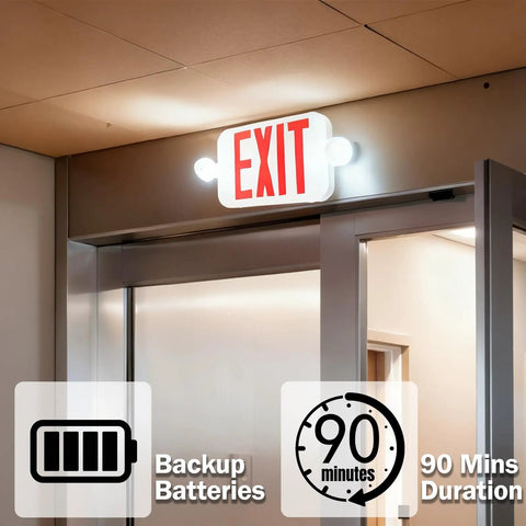 Smooth Running Exit Sign And Emergency Light Featuring Rock Solid Battery Backup Lasts Ninety Minutes Through Power Drops dual LED heads above a doorway.