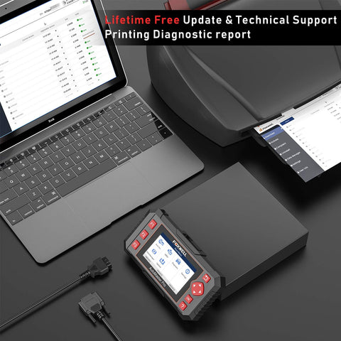 OBD2 Car Scanner NT604 Elite Easy To Use Out Of The Box ABS SRS And Transmission Diagnostic Tool with laptop and printer setup