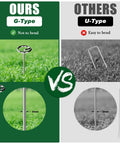 Comparison of Heavy Duty Landscape Staples 120 Pack 8 Gauge 6 Inch Galvanized Garden Stakes vs U-Type pins in grass.