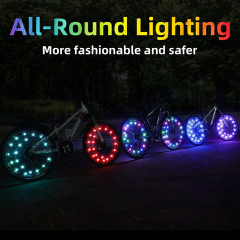 Two Tire Pack LED Bike Wheel Lights With Batteries Included Ultra Bright Spoke Safety Strip 22 LEDs Per Wheel on bikes