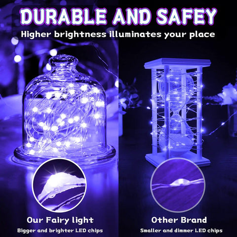 Battery Operated Copper Wire Fairy Lights 16.4Ft UV Black Light LED String with 50 LEDs glowing under a glass dome and in a lantern