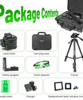 360 Degree Laser Level With Tripod Self Leveling Green Laser Tool For Pros Drop Proof Rugged Build With 60 Inch Drop Protection All Around Rubber Armor For Tough Jobsite Drops, kit contents