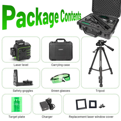 360 Degree Laser Level With Tripod Self Leveling Green Laser Tool For Pros Drop Proof Rugged Build With 60 Inch Drop Protection All Around Rubber Armor For Tough Jobsite Drops, kit contents