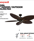 Duval 52 Inch Indoor Outdoor Ceiling Fan With Hand Carved Basswood Blades, Bronze Finish, Tri Mount 5 Blade Tropical Design