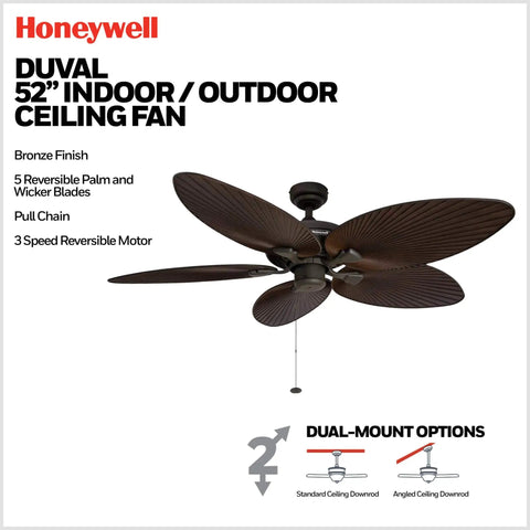 Duval 52 Inch Indoor Outdoor Ceiling Fan With Hand Carved Basswood Blades, Bronze Finish, Tri Mount 5 Blade Tropical Design