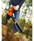 Person using 3 In 1 Electric Leaf Blower Vacuum And Mulcher With 12 Amp Power, 250 MPH Air, 400 CFM Debris Capacity in a yard