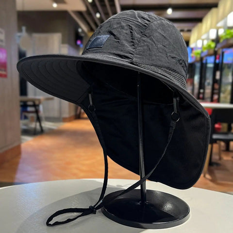 Lightweight Sun Hat With Neck Flap For Unisex Outdoor Adventurers Hiking Camping And Fishing Gear on display stand