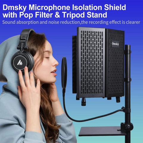 Pro Grade Microphone Isolation Shield With Pop Filter And Tripod Stand next to person wearing headphones