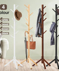 Four freestanding coat racks with 8 hooks in white, wood, brown, and black colors, perfect for hats, coats, and handbags.