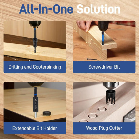 Boss Quality 17 Piece Countersink Drill Bit Set With Hex Shank Wood Plug Cutters in use for drilling and countersinking tasks.
