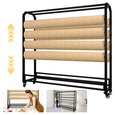 Hella Sturdy Fabric Roll Storage Rack With Smooth Riding Casters And Adjustable Hanging Rod Display Shelf For Leather Wallpaper Rolls solid steel rack holding large fabric rolls.