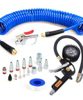18 Piece Air Compressor Accessories Kit With 25 Foot Recoil Poly Hose And 1/4 Inch NPT Quick Connect Fittings, 100 PSI Tire Inflator Gauge