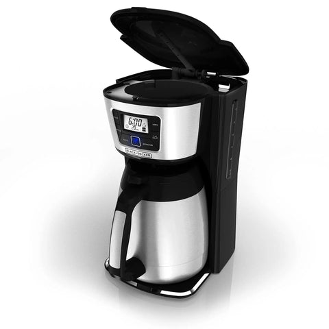 12-Cup Thermal Coffee Maker with Wide Mouth Carafe and No-Drip Pour Spout, Black Silver Finish, fast brew, lid open