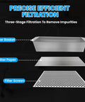 Three-stage filtration components of Heavy Duty Commercial Fryer Oil Filter 550W 110V, including filter basket, paper, and screen.