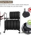 Street Ready Heavy Duty Tire Rack For Your Local Garage Floor Standing Dual Tier Wheel Storage Cart Adjustable Height Steel Frame Swaps Rims Quick Without The Fuss In Black with tires and caster wheels.