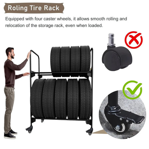 Street Ready Heavy Duty Tire Rack For Your Local Garage Floor Standing Dual Tier Wheel Storage Cart Adjustable Height Steel Frame Swaps Rims Quick Without The Fuss In Black with tires and caster wheels.