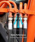 Front view of four 3/8 in JIC hydraulic hose fittings on black hoses with orange crimping adapters