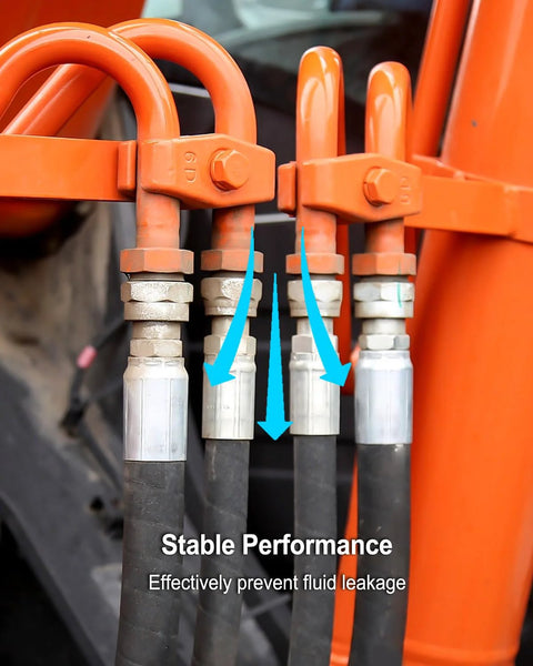 Front view of four 3/8 in JIC hydraulic hose fittings on black hoses with orange crimping adapters