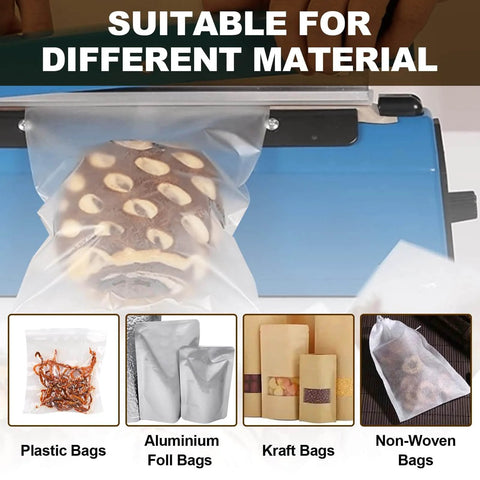 8 Inch Impulse Sealer Replacement Parts Kit sealing various bag types including plastic, foil, kraft, and non-woven bags.