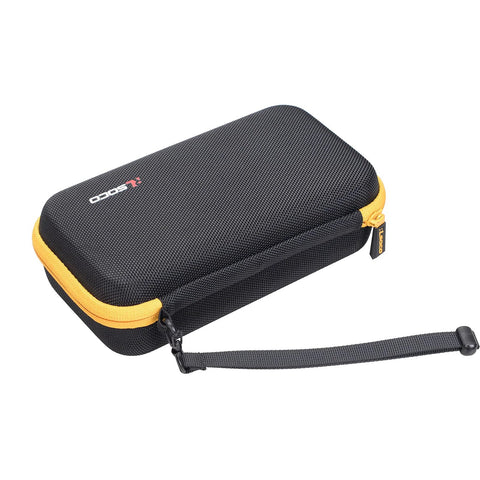 RLSOCO hard case for infrared thermometers; black textured shell, orange zipper, wrist strap