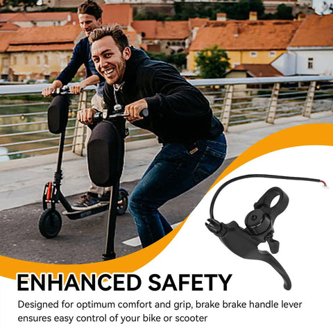 Left Brake Lever For Electric Scooters, Universal 3 Pin Female Plug Handbrake next to scooter riders on a bridge.