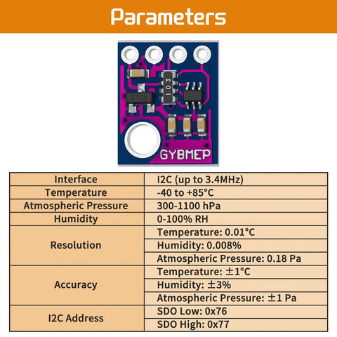 Image of 4 Pack BME280 Sensor Module GY BME280 5V Atmospheric Pressure Temperature Humidity Sensor With I2C Interface specifications table