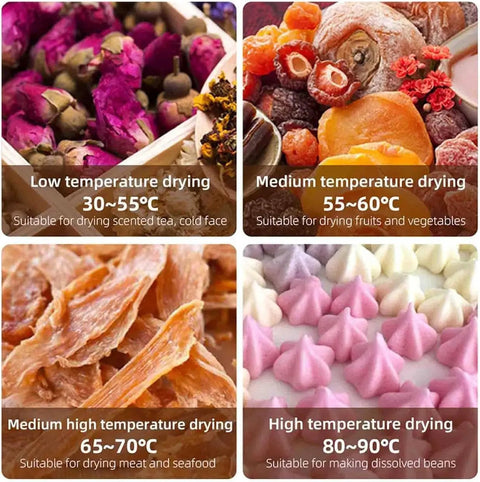 Top Notch Stainless Steel Electric Food Dehydrator With 12 Hour Timer And Adjustable Temp Dial, drying temperature ranges.