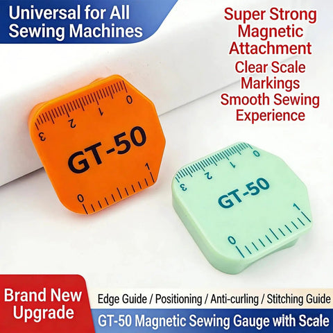 Beefy Magnetic Seam Guides For Sewing Machine Set, 4 Pack, Polygon Hemmer Guides With Scale displayed in orange and green colors.