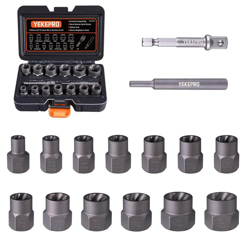 15 Piece Heavy Duty Bolt Extractor Set For Impact Three Eighth Inch Drive Remover Socket Tool Kit For Stripped Damaged Bolts Nuts Screws Removes Frozen Rusted Rounded Off Studs Chromium Molybdenum Steel Construction By YEKEPRO in case