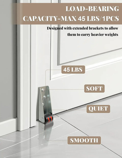 Eight Pack Nifty Low Profile Rigid Caster Wheels Slick Rollin Zero Hassle Mounting Heavy Duty Mini Workhorse Fixed Casters displayed near a door frame.