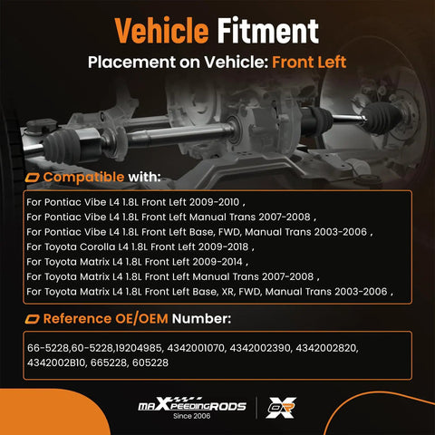 Vehicle fitment guide for Front Left CV Axle Shaft Assembly for Toyota Corolla 2009 2018, Matrix 2003 2014, Vibe 2003 2010