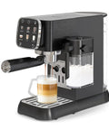 Top Shelf 20 Bar Espresso Machine With Bright Touch Panel For Six One Touch Drinks And Smooth Milk Frother Compact Brewer brewing a latte.