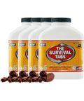 4 bottles of 60 Day Emergency Food Supply With Gluten Free Non GMO Survival Tabs, Chocolate Flavor, tabs displayed in foreground