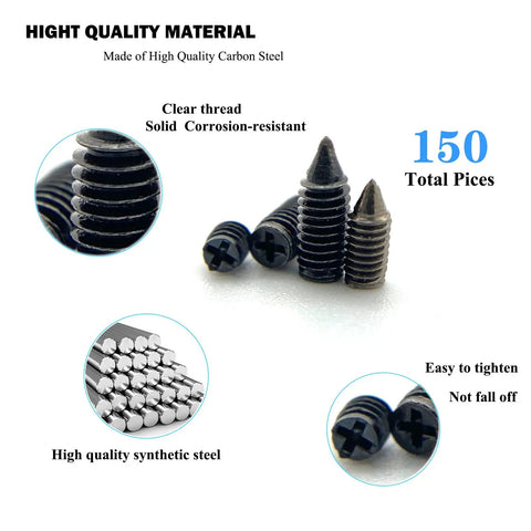 Straight Up Heavy Duty Nickel Plated Tip Screws For Belts And Buckles 150 Piece Assortment Kit With Screwdriver, black carbon steel screws with cross slots.