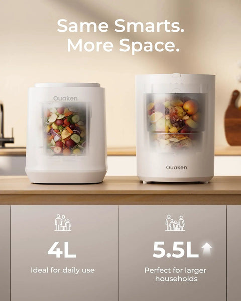 Two OK-255 Electric Kitchen Composters, 4L and 5.5L models, on countertop, shown turning food scraps into fertilizer, 2026 Model